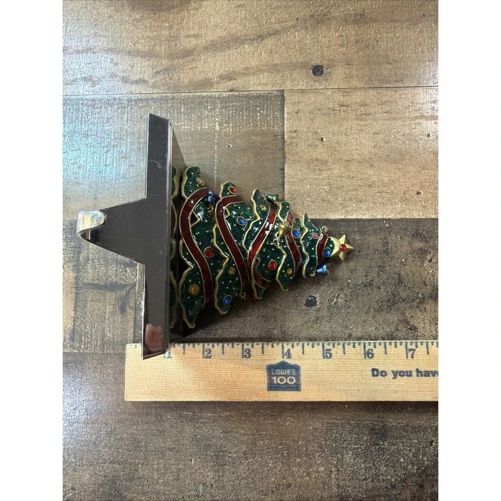 Vtg Metal Enamel Christmas Stocking Holders Lot of 3 Jeweled Tree Snowman Mantel